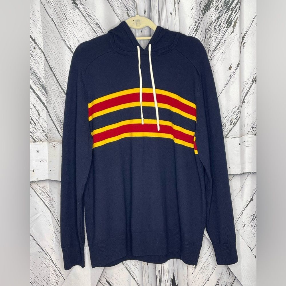 Brooks Brothers Striped Navy Blue Merino Wool Hoodie Sweater XL